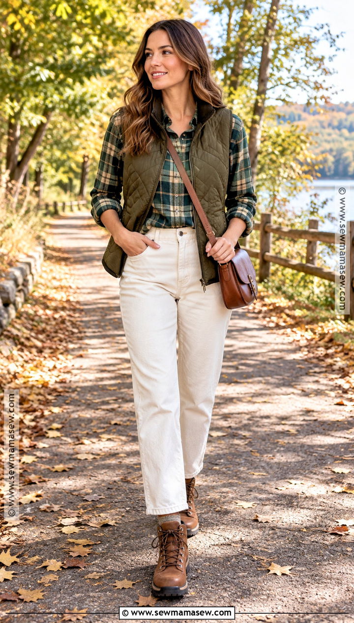 Green Plaid Shirt With Cream Jeans And Quilted Vest - 15 green plaid shirt outfit fall ideas