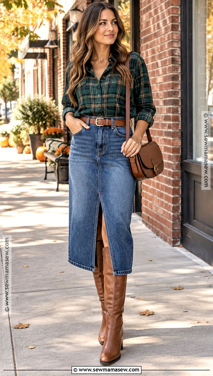 Green Plaid Shirt With Denim Midi Skirt And Knee High Boots - 15 green plaid shirt outfit fall ideas