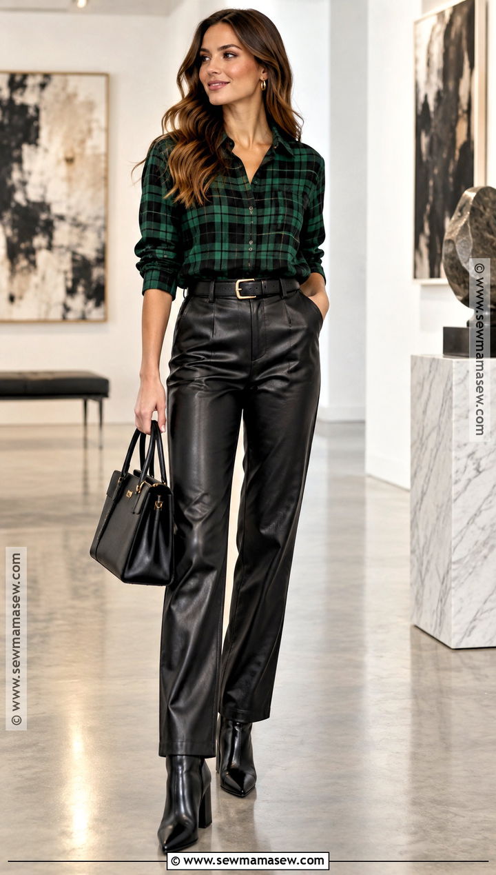 Green Plaid Shirt With Faux Leather Pants And Heels - 15 green plaid shirt outfit fall ideas