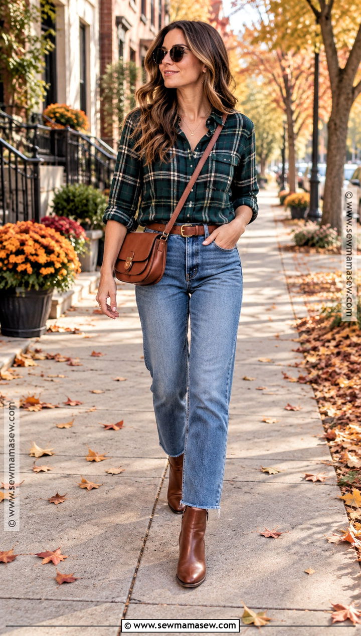 Green Plaid Shirt With Straight Leg Jeans And Ankle Boots - 15 green plaid shirt outfit fall ideas