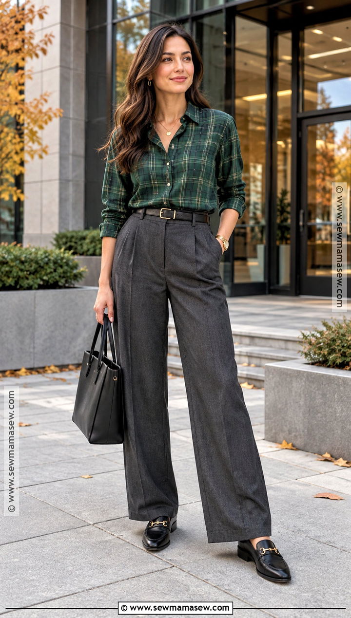 Green Plaid Shirt With Wide Leg Trousers And Loafers - 15 green plaid shirt outfit fall ideas