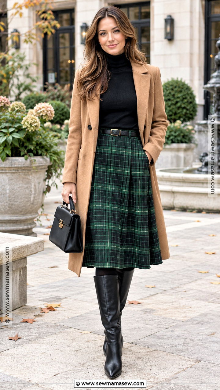 Green Plaid Skirt With Black Turtleneck - 20 autumn green outfit ideas