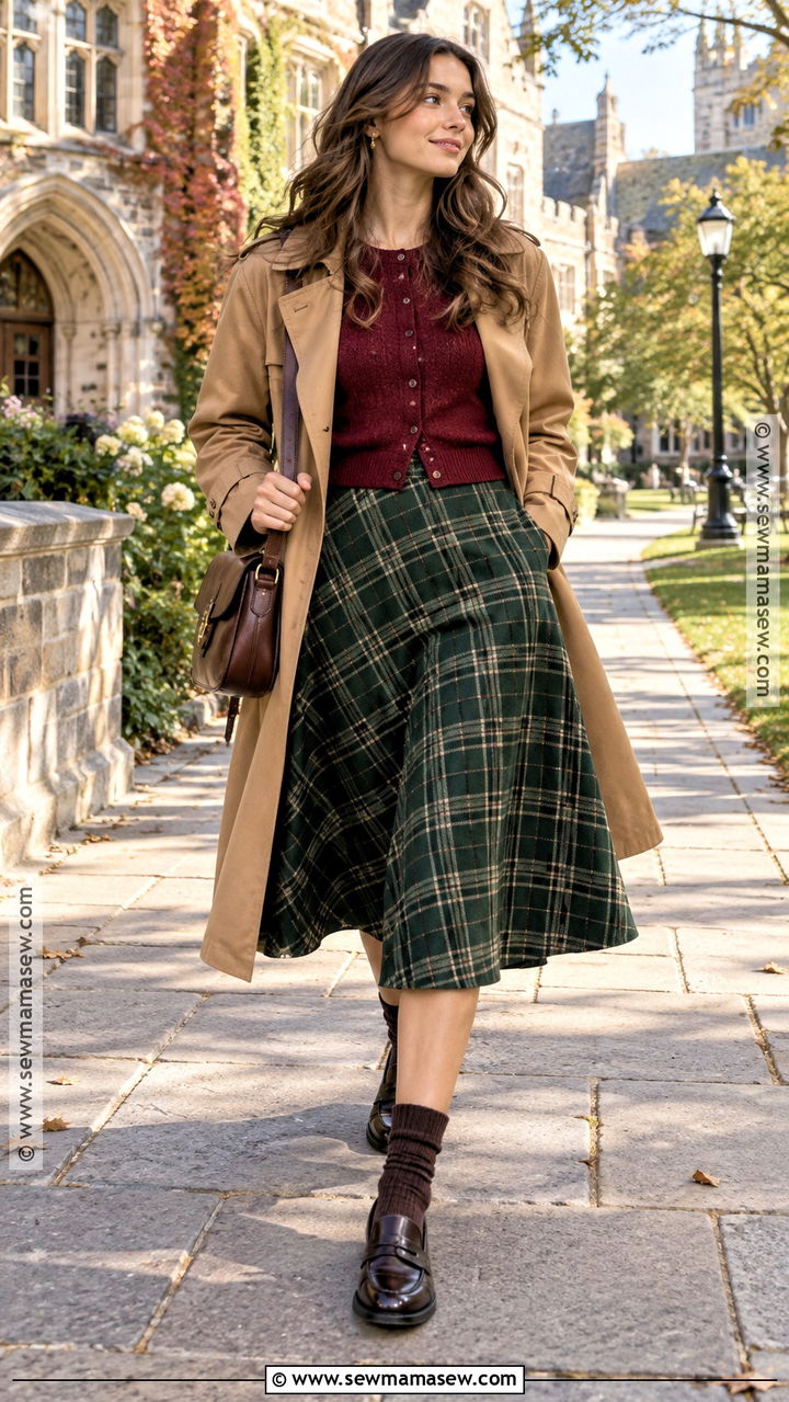 Green Plaid Skirt With Burgundy Cardigan And Loafers - 20 Green Skirt Fall Outfit Ideas