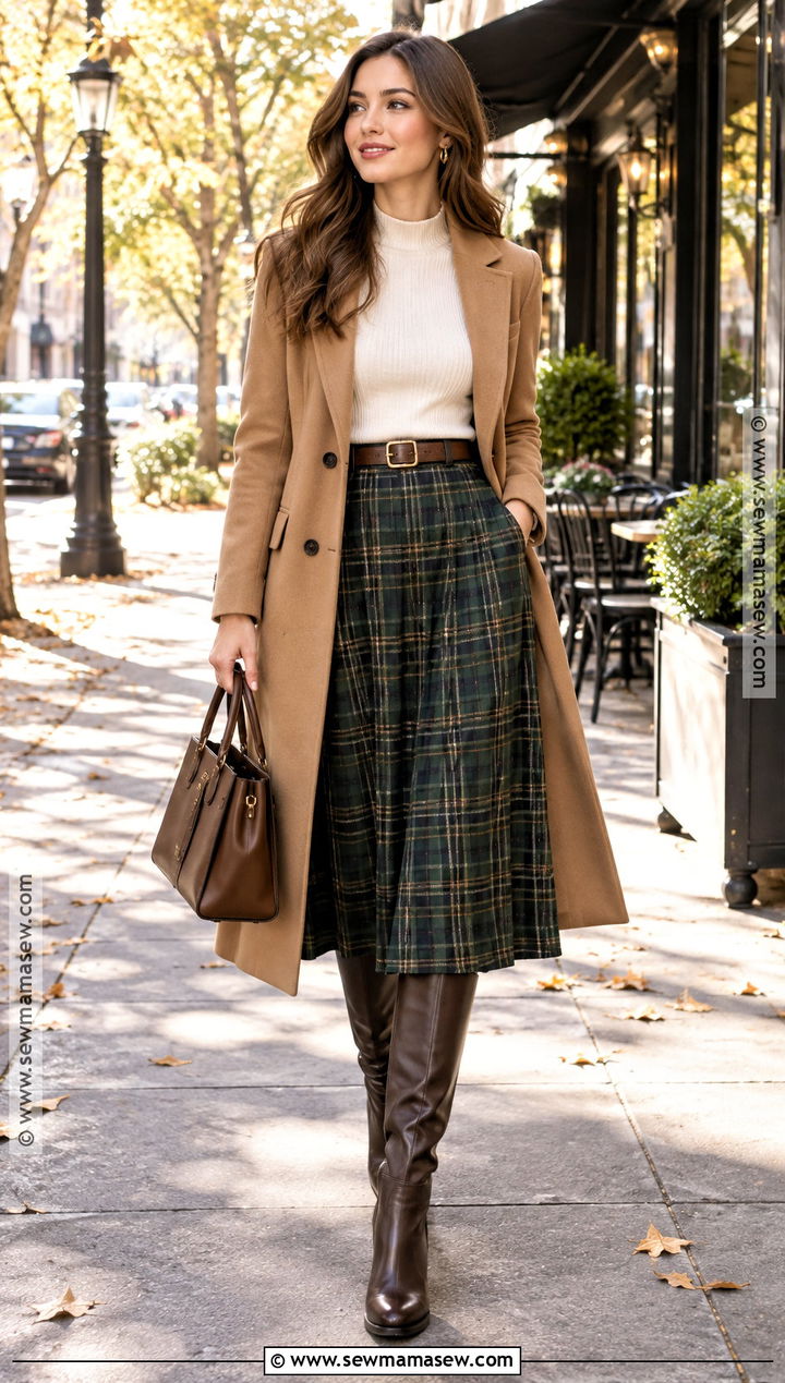 Green Plaid Skirt With Camel Coat And Brown Boots - 15 green plaid skirt fall fashion ideas