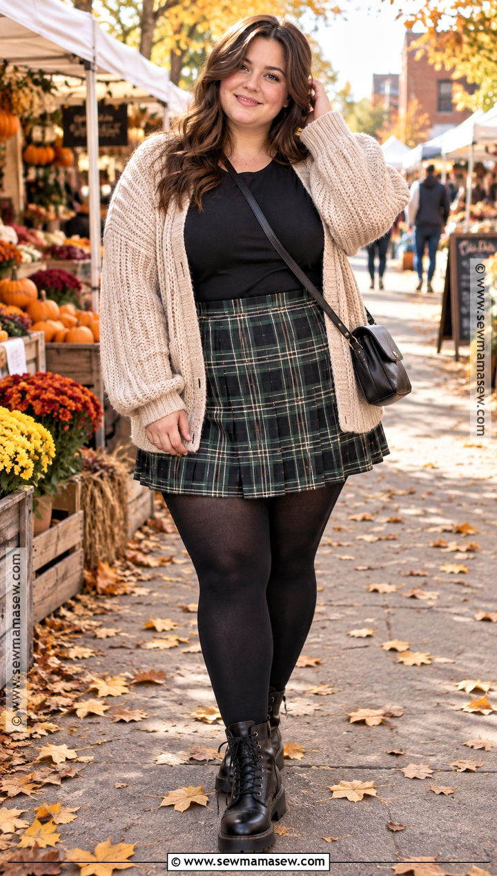 Green Plaid Skirt With Chunky Cardigan And Combat Boots - 15 green plaid skirt fall fashion ideas