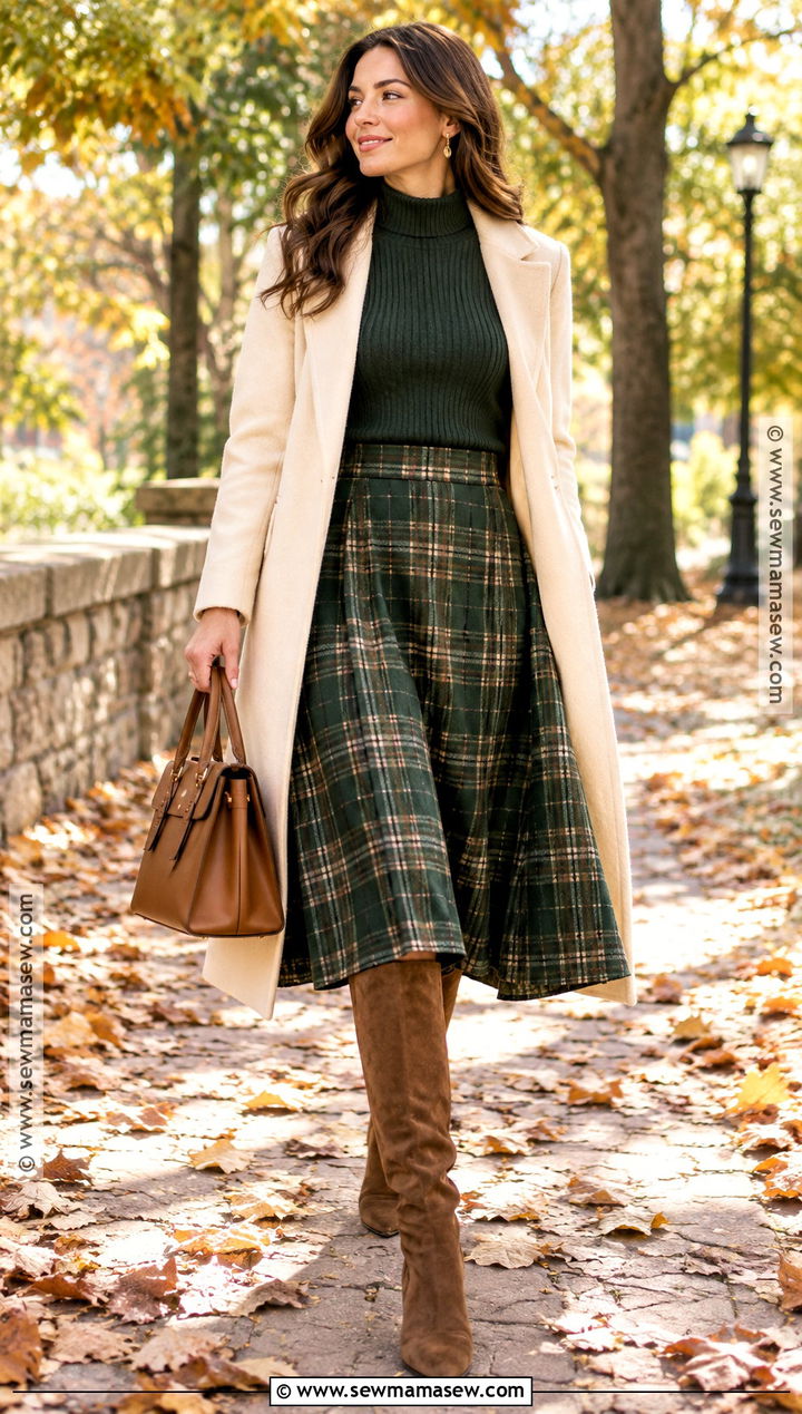 Green Plaid Skirt With Green Sweater And Suede Boots - 15 green plaid skirt fall fashion ideas