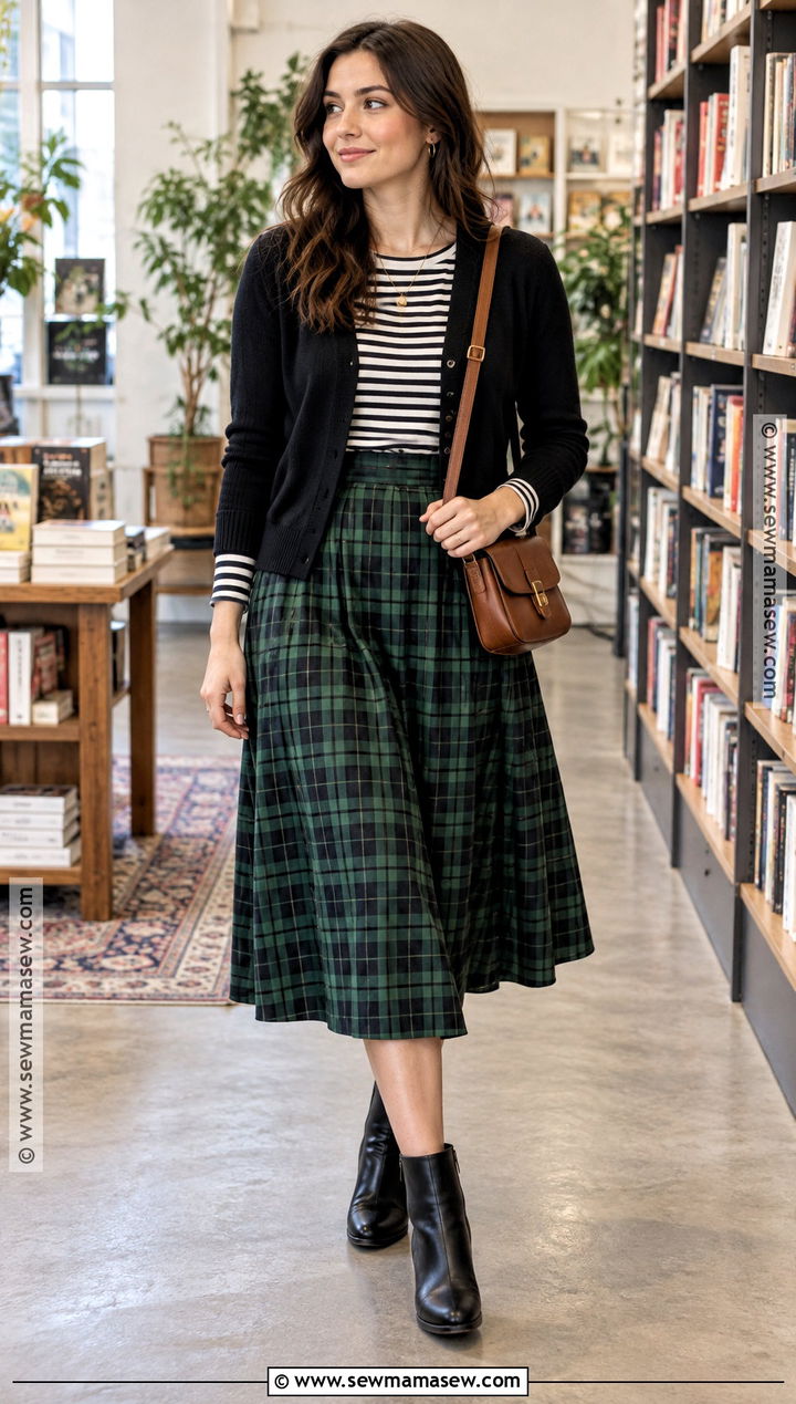 Green Plaid Skirt With Striped Top And Cardigan - 15 green plaid skirt fall fashion ideas