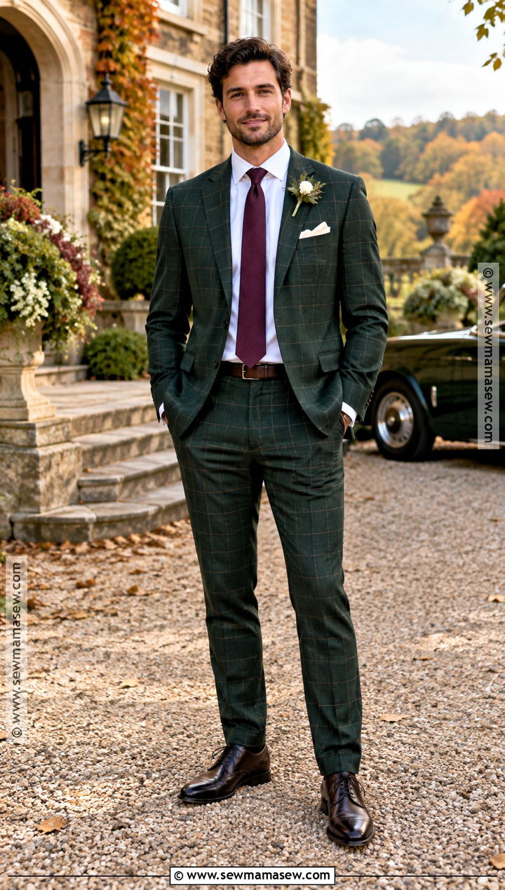 Green Plaid Suit With Burgundy Tie - 15 fall wedding tux groom attire green ideas