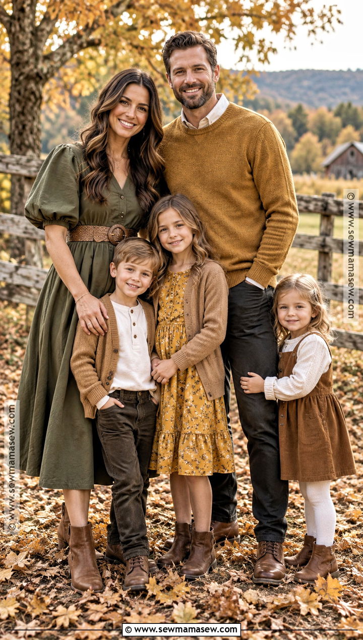 Green Puff Sleeve Dress With Mustard Family Outfits - 15 Green Dress Fall Family Photos Ideas