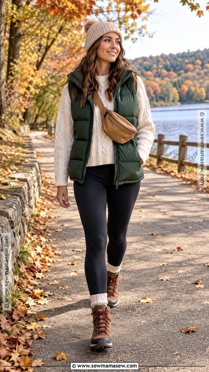 Green Puffer Vest With Leggings - 20 autumn green outfit ideas