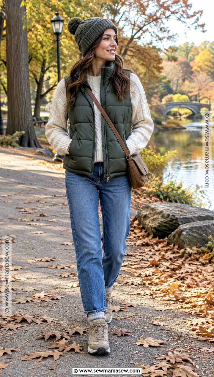 Green Puffer Vest and Jeans Fall Outfit - 25 green fall outfit ideas