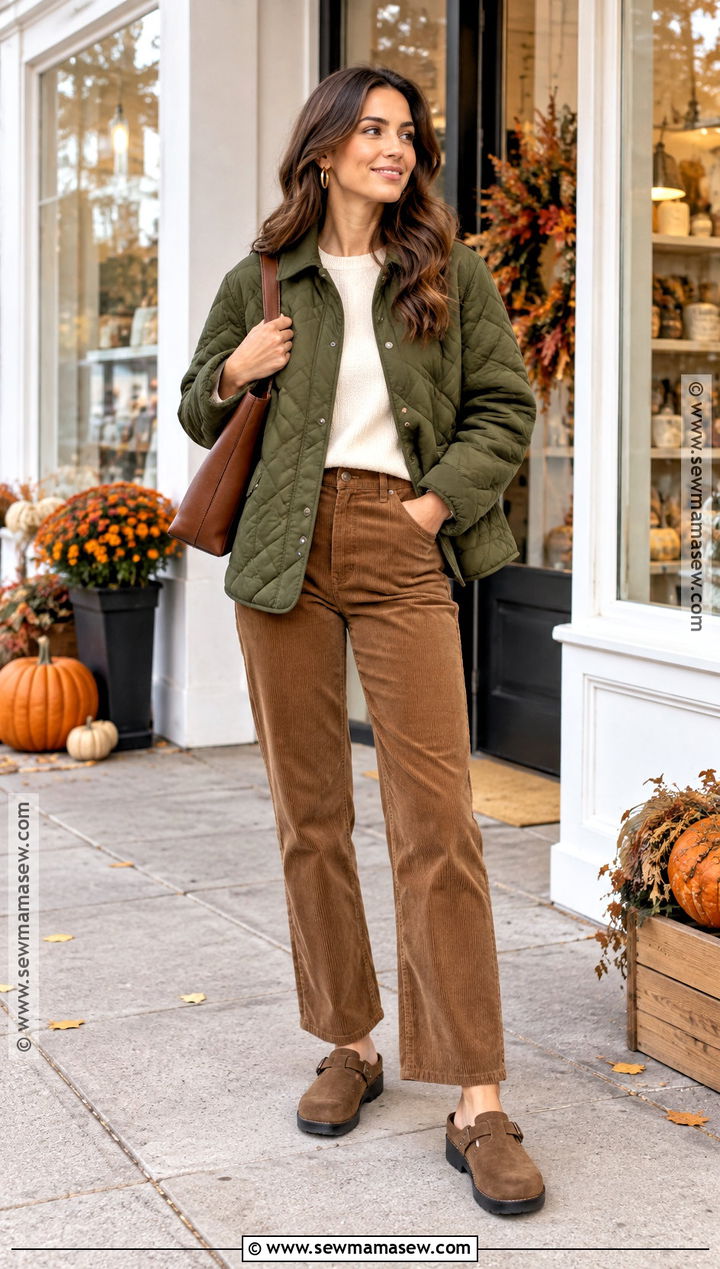 Green Quilted Jacket With Corduroy Pants - 15 green quilted jacket fall ideas