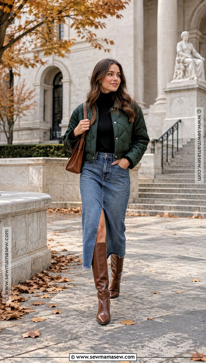 Green Quilted Jacket With Denim Midi Skirt - 15 green quilted jacket fall ideas