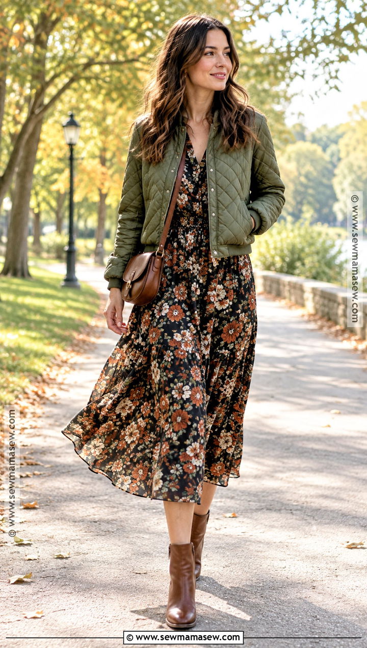 Green Quilted Jacket With Floral Midi Dress - 15 green quilted jacket fall ideas