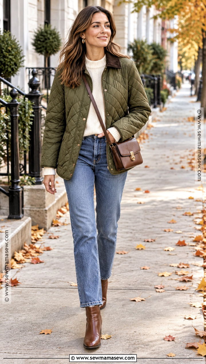 Green Quilted Jacket With Straight Leg Jeans - 15 green quilted jacket fall ideas