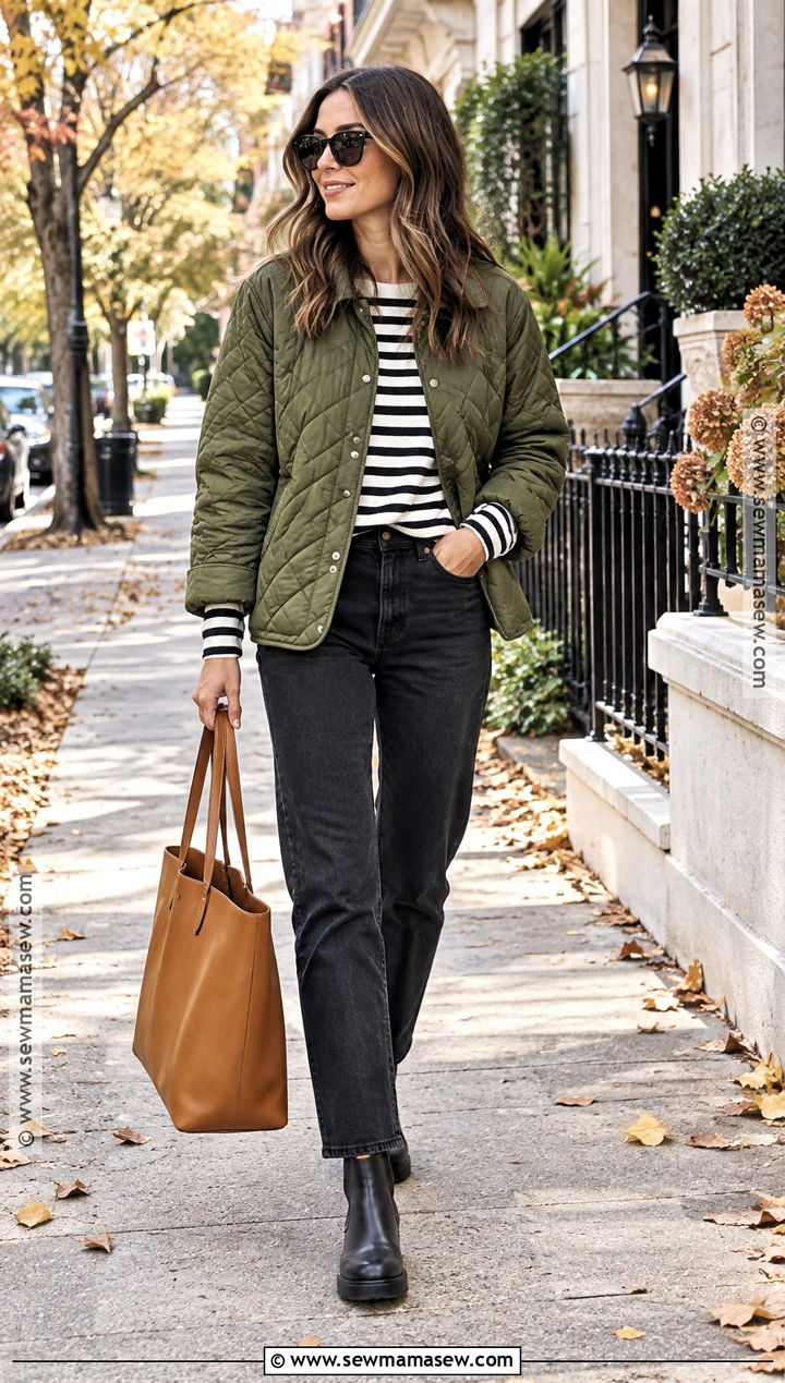 Green Quilted Jacket With Striped Shirt And Black Jeans - 15 green quilted jacket fall ideas