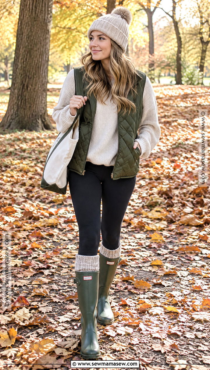 Green Rain Boots Outfit With Sweater And Leggings - 25 rain boots outfit fall