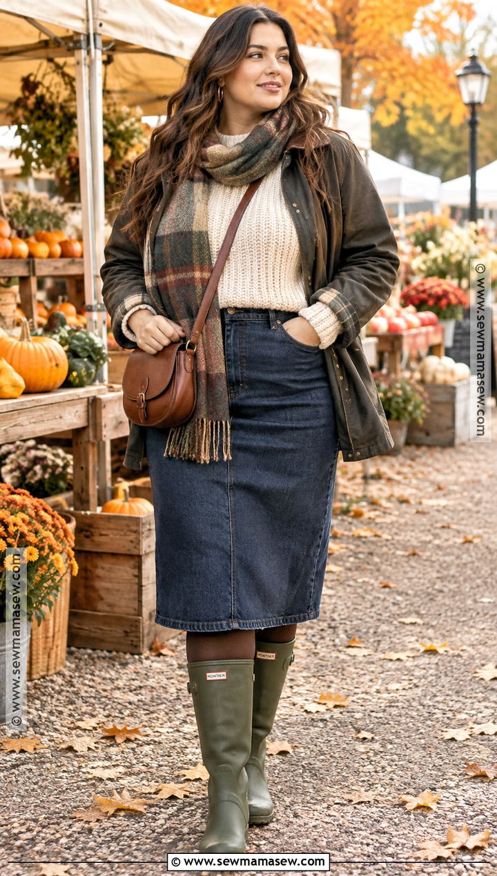 Green Rainboots With A Denim Skirt And Chunky Sweater - 15 green rainboots outfit fall ideas