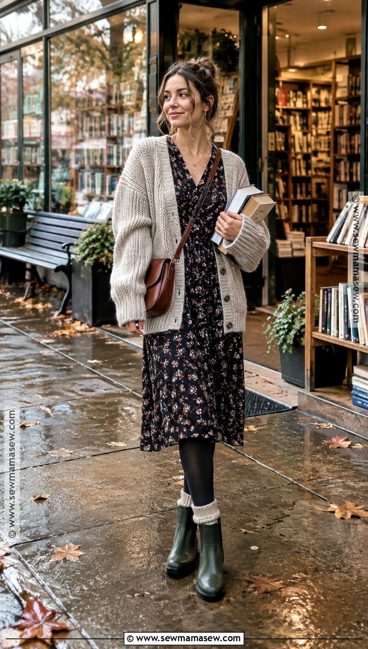 Green Rainboots With A Floral Midi Dress And Cardigan - 15 green rainboots outfit fall ideas