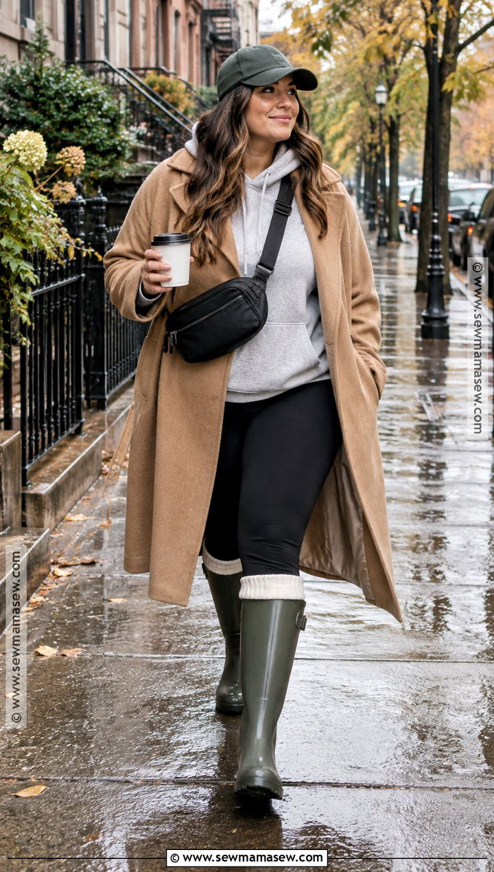Green Rainboots With A Hoodie And Oversized Coat - 15 green rainboots outfit fall ideas