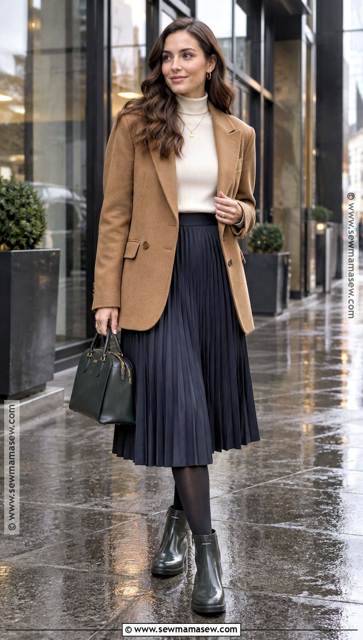 Green Rainboots With A Pleated Skirt And Blazer - 15 green rainboots outfit fall ideas