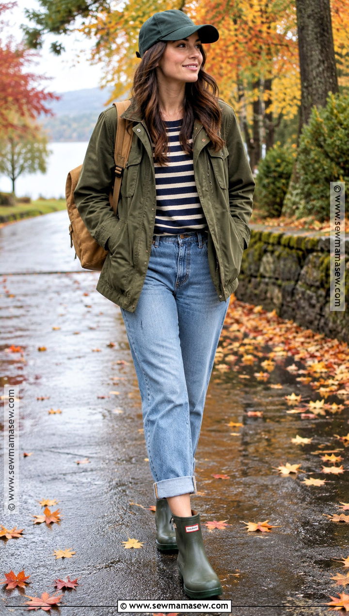 Green Rainboots With Mom Jeans And A Utility Jacket - 15 green rainboots outfit fall ideas