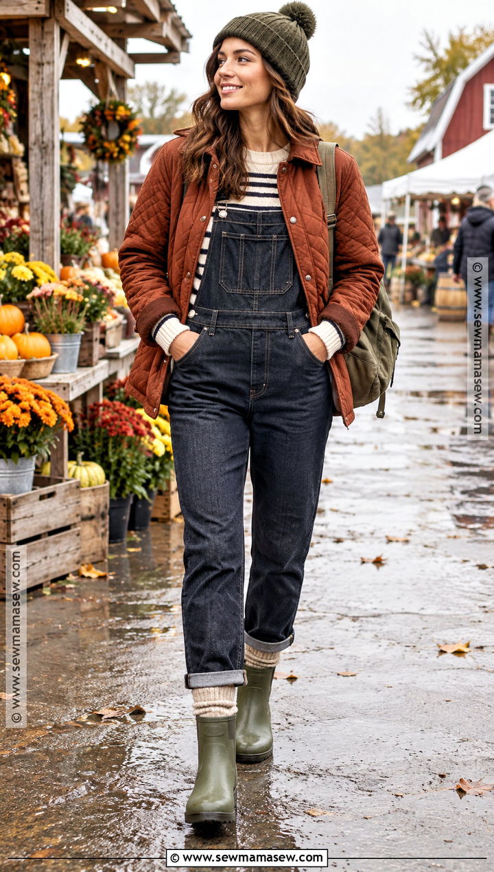 Green Rainboots With Overalls And A Striped Sweater - 15 green rainboots outfit fall ideas
