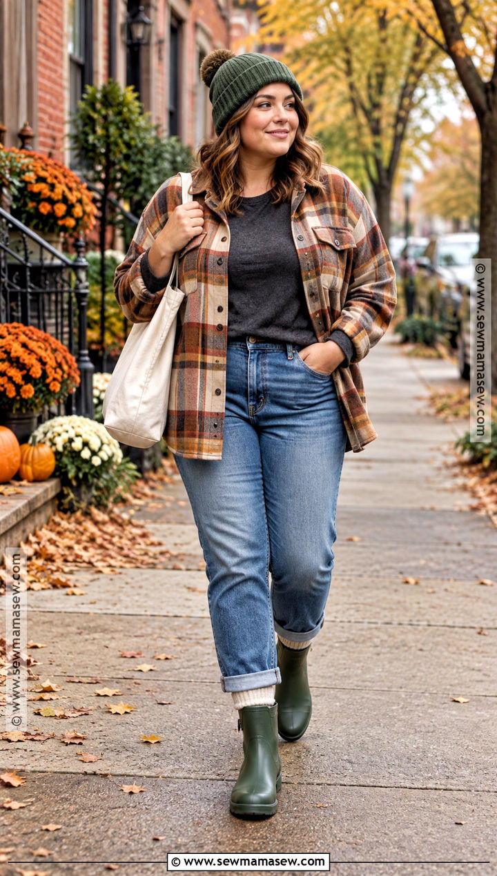 Green Rainboots With Straight Jeans And A Plaid Shacket - 15 green rainboots outfit fall ideas