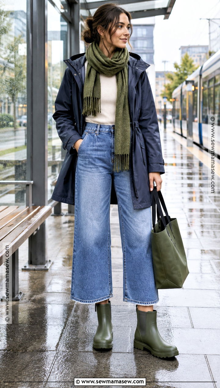 Green Rainboots With Wide Leg Jeans And A Raincoat - 15 green rainboots outfit fall ideas