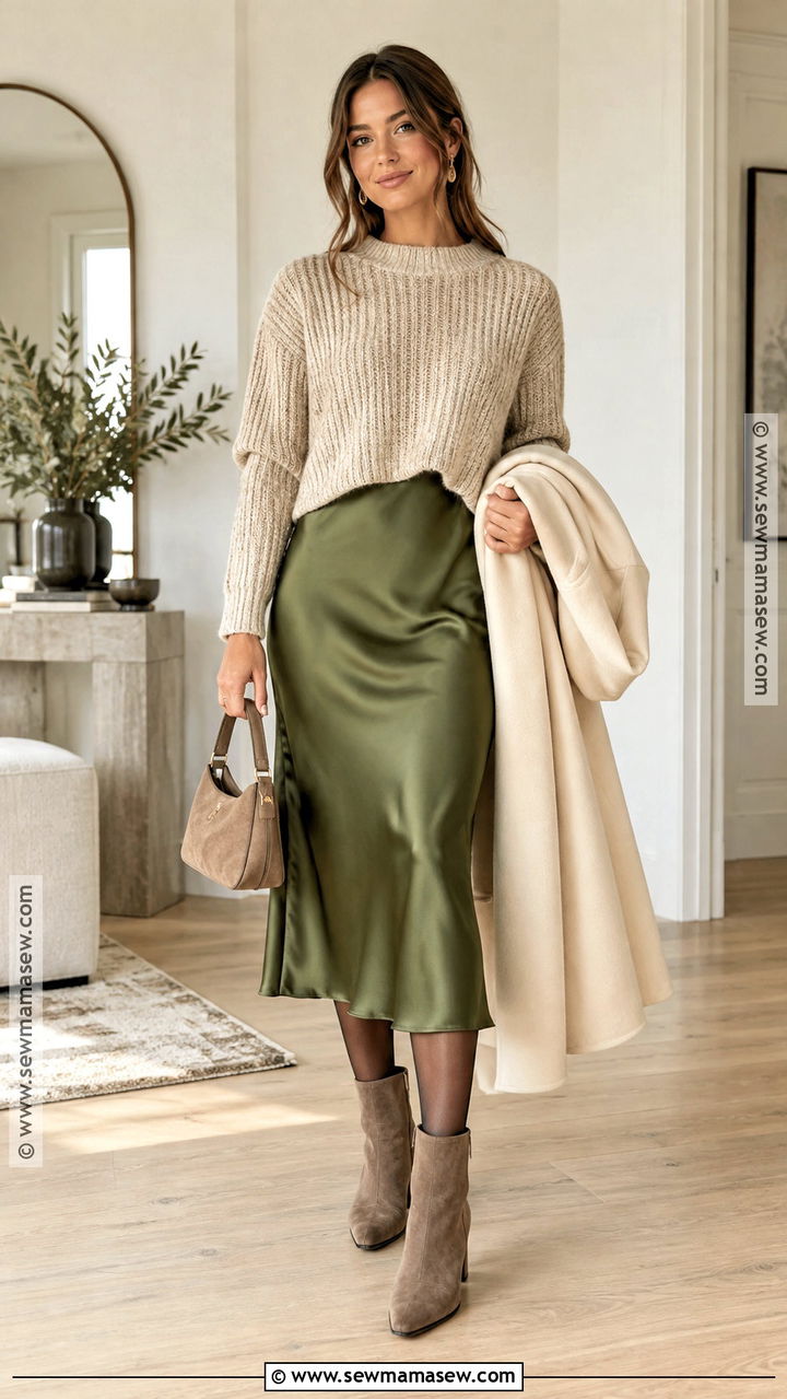 Green Satin Dress With Cropped Knit Sweater - 20 Green Dress Fall Outfit Ideas