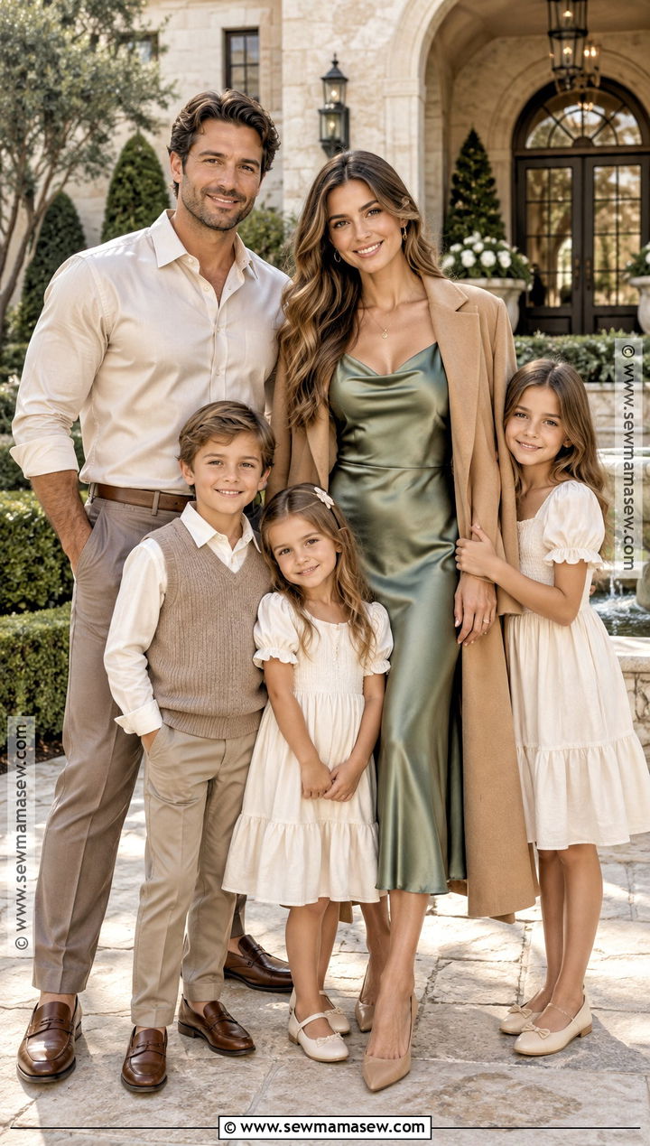 Green Satin Midi Dress With Champagne Family Outfits - 15 Green Dress Fall Family Photos Ideas