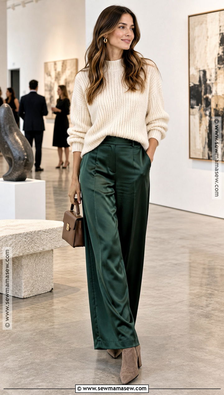 Green Satin Pants With Chunky Knit Sweater - 20 green pants outfit fall