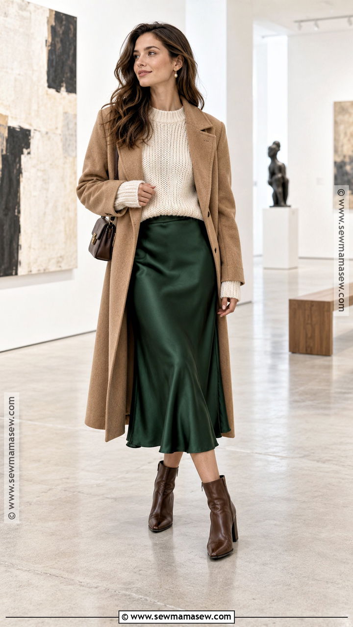 Green Satin Skirt and Chunky Sweater Outfit - 20 Green Fall Outfits for Women