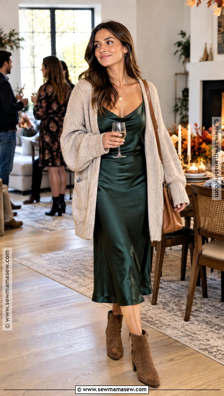 Green Satin Slip Dress With Cardigan - 25 autumn dresses