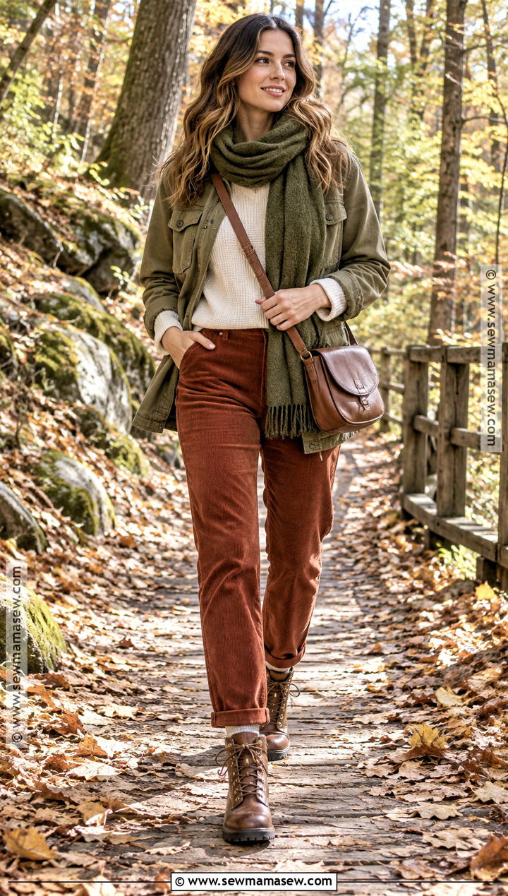 Green Scarf With Utility Jacket And Corduroy Pants - 25 autumn scarf ideas