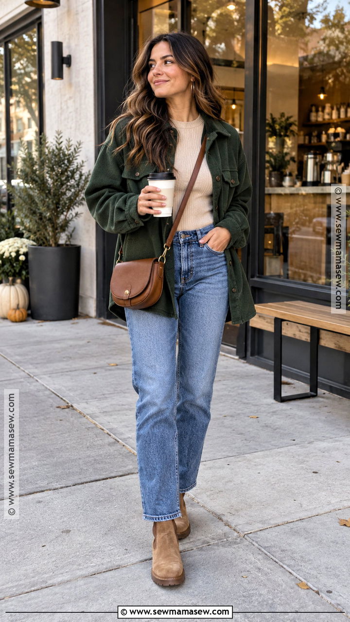 Green Shacket and Straight Leg Jeans Outfit - 20 Green Fall Outfits for Women