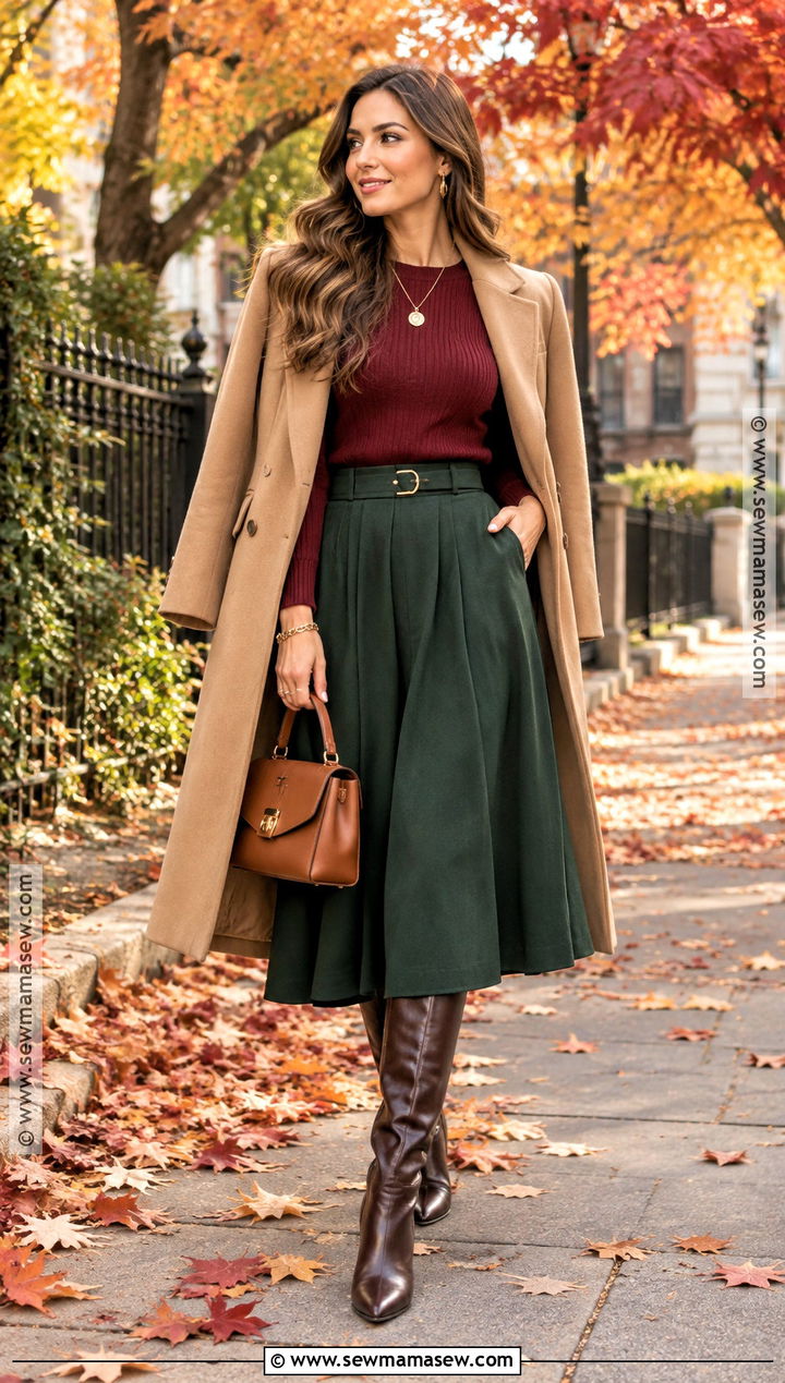 Green Skirt With Burgundy Sweater - 20 green skirt outfit fall ideas