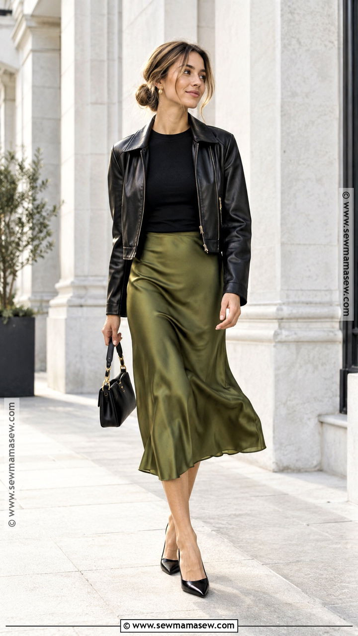 Green Slip Skirt With Leather Jacket And Slingback Shoes - 20 Green Skirt Fall Outfit Ideas
