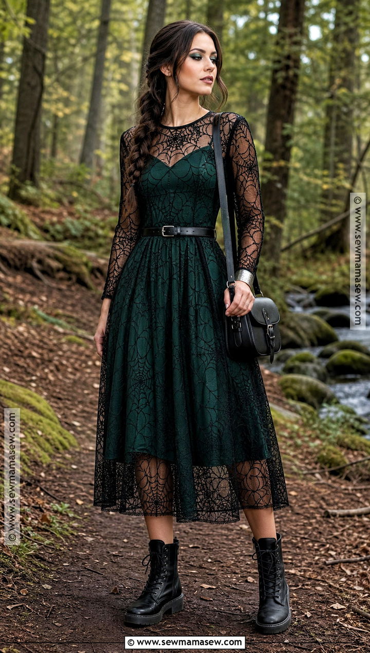 Green Spider Web Dress With Lace Up Boots - 30 spider web dress ideas