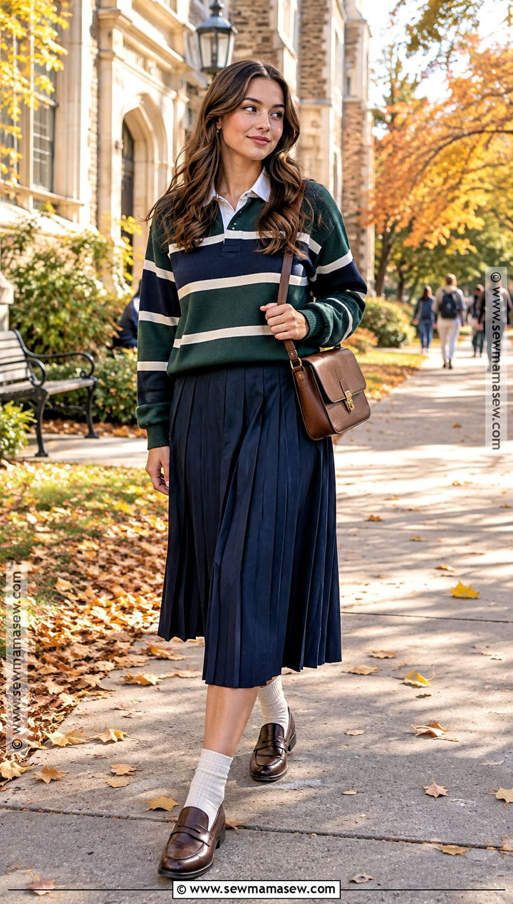 Green Striped Rugby Sweater With Pleated Midi Skirt - 15 Fall Green Knitwear Ideas