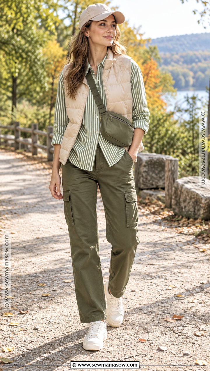 Green Striped Shirt With Olive Cargo Pants And Sneakers - 15 autumn striped shirt ideas