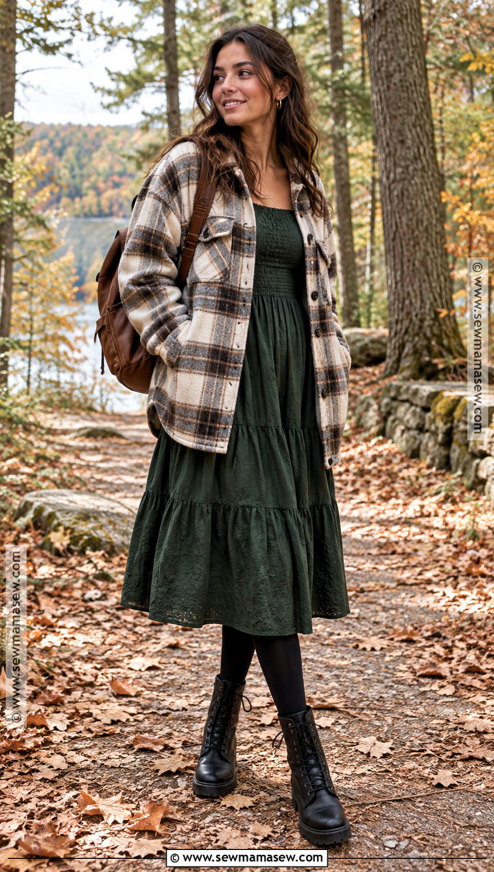 Green Sundress With Plaid Shacket - 20 Fall Sundress Ideas