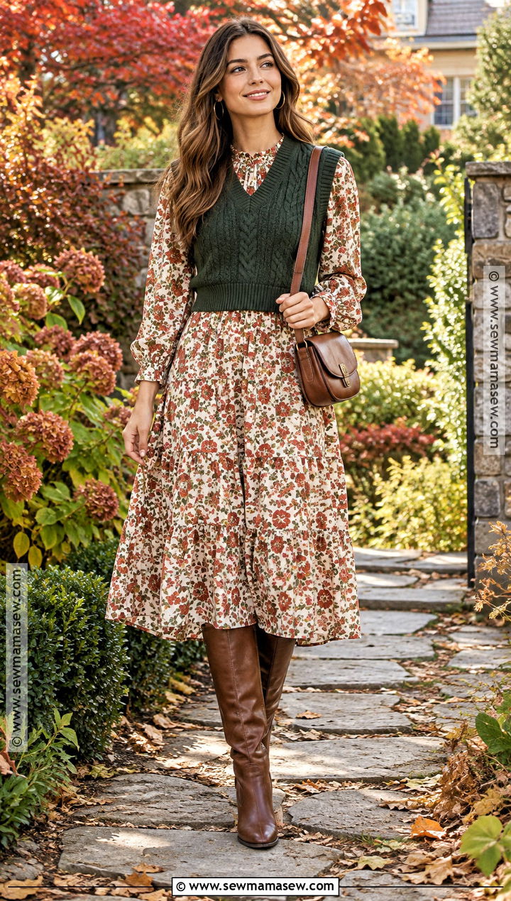 Green Sweater Vest With Floral Dress And Boots - 20 fall outfits with vest