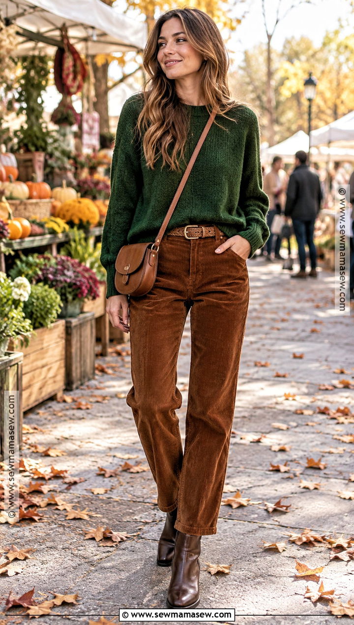 Green Sweater With Corduroy Pants - 25 fall sweaters aesthetic