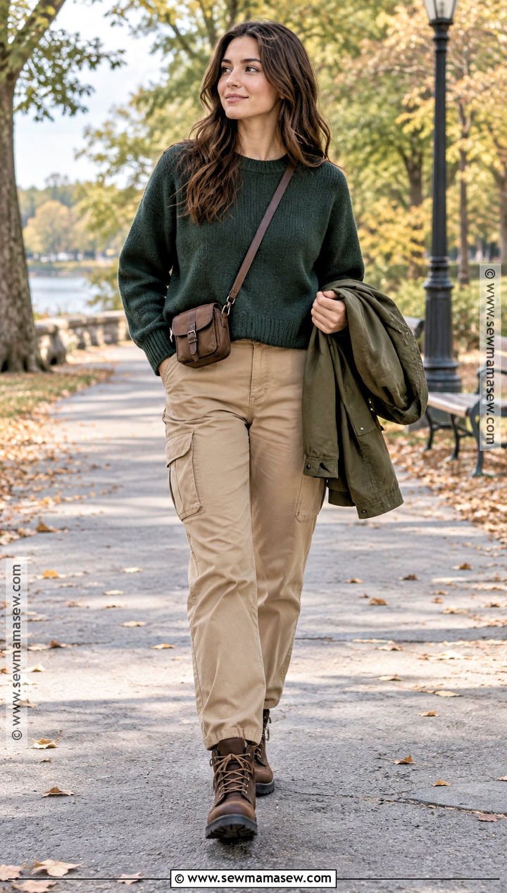 Green Sweater and Cargo Pants - 25 sweater weather aesthetic ideas