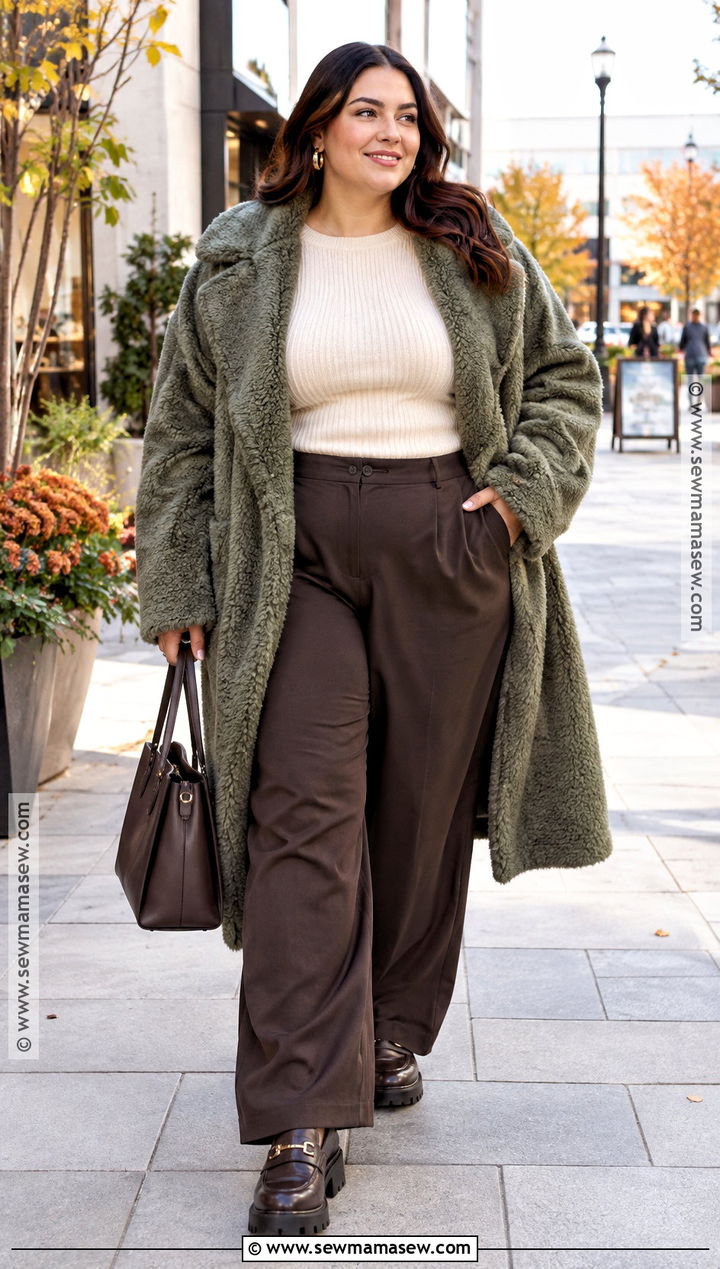 Green Teddy Coat With Wide Leg Pants - 15 green fall coat ideas