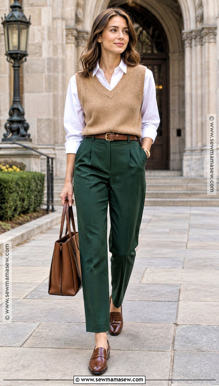 Green Trousers With Sweater Vest - 20 green pants outfit fall