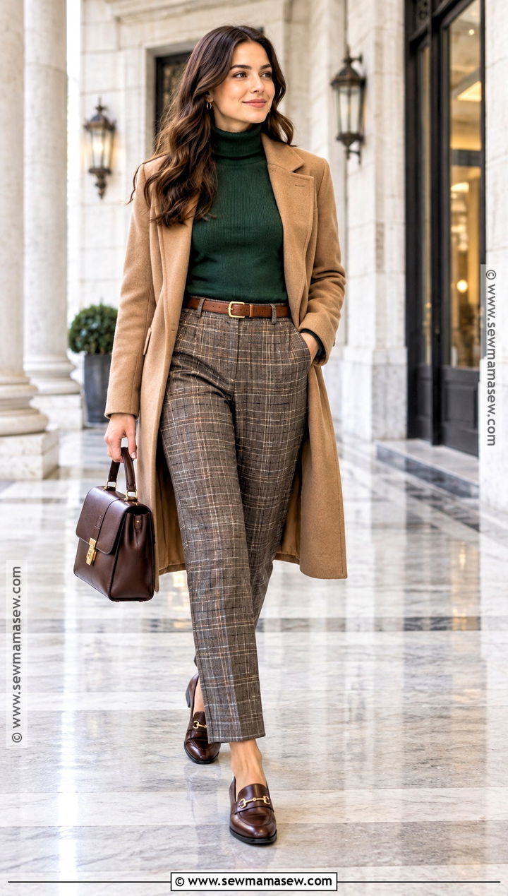 Green Turtleneck With Plaid Trousers - 15 Cozy Green Sweater Fall Ideas
