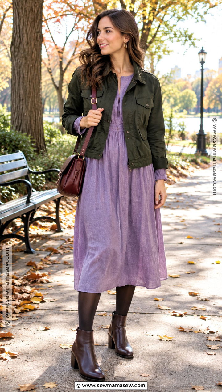 Green Utility Jacket And Lilac Dress Outfit - 15 Colorful Autumn Clothing Ideas