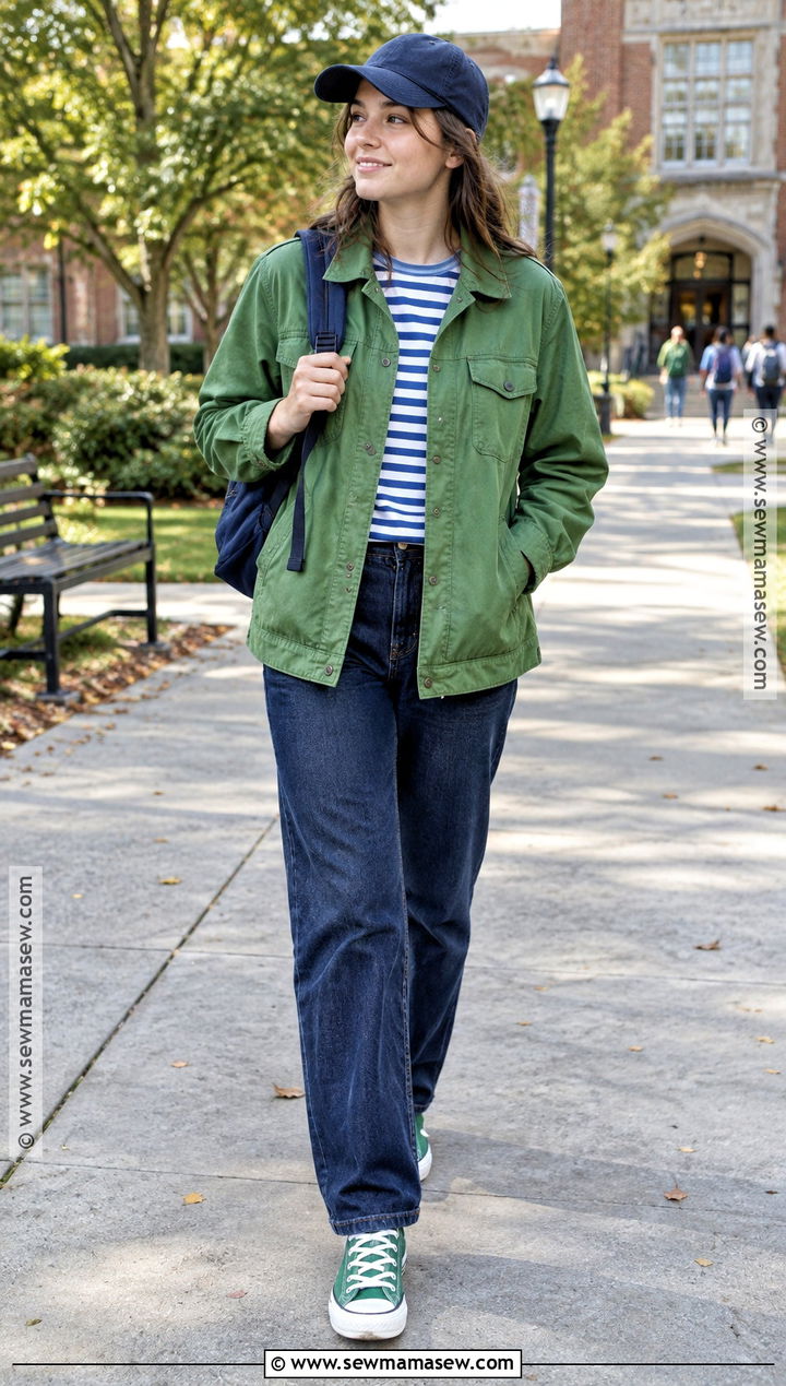 Green Utility Jacket And Striped Tee Back To School Outfit - 15 Colorful Back To School Outfits